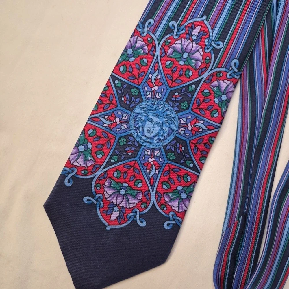 Gianni‎ Versace Mens Tie Medusa Head Flowers Striped Colorful Silk Necktie Spain